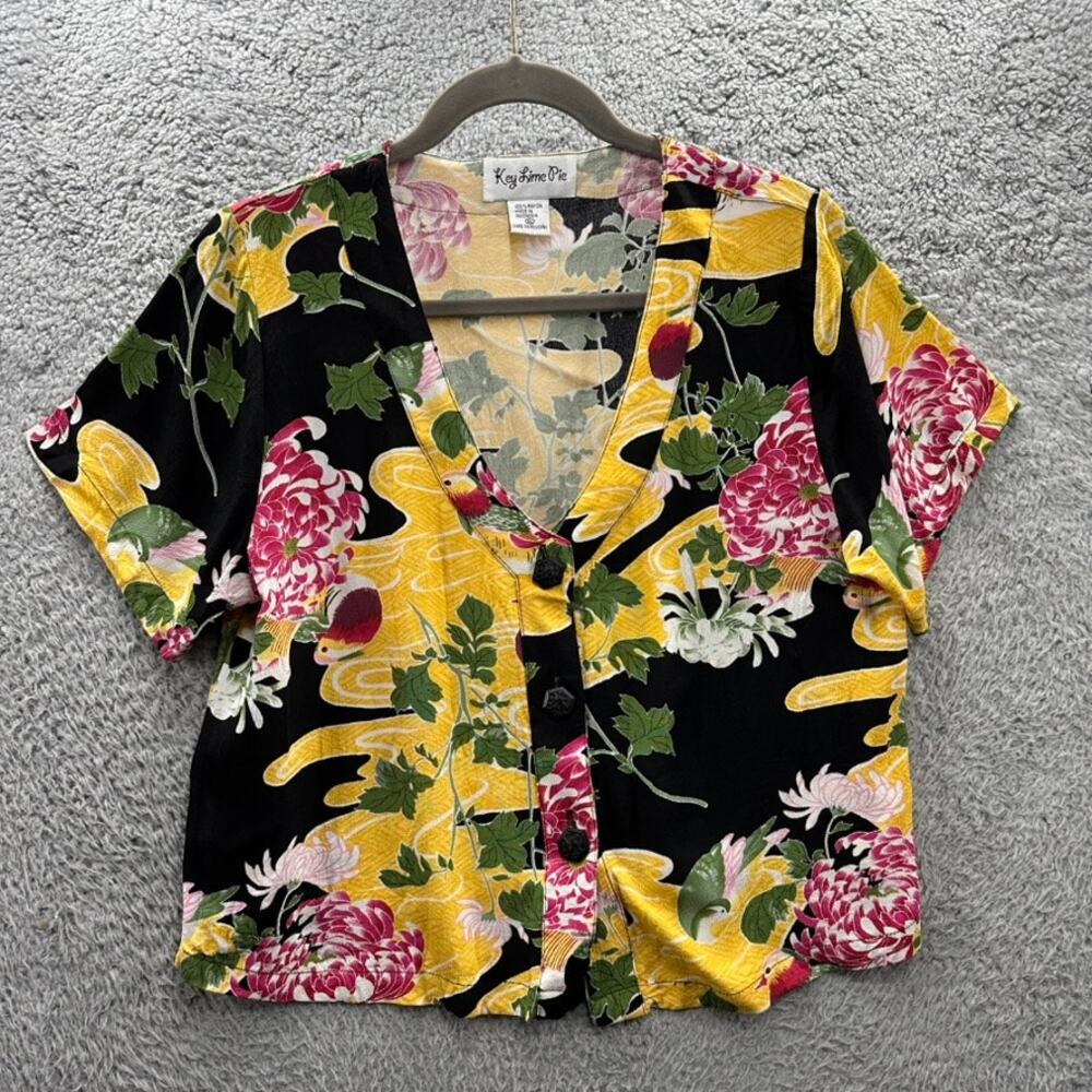 Key Lime Pie Vintage XL Floral Button Up Blouse V-Neck Crop Tropical Bird Design